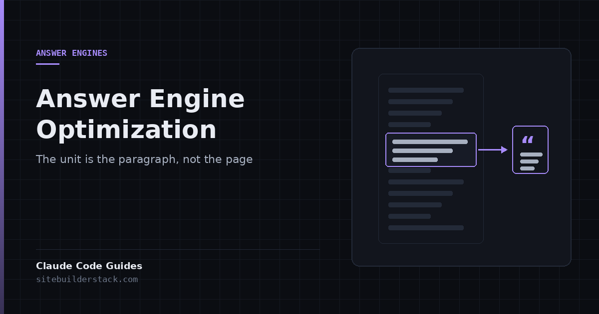 Claude Code Guides: Answer Engine Optimization. A page of text with one paragraph highlighted and lifted out into a standalone quoted block.