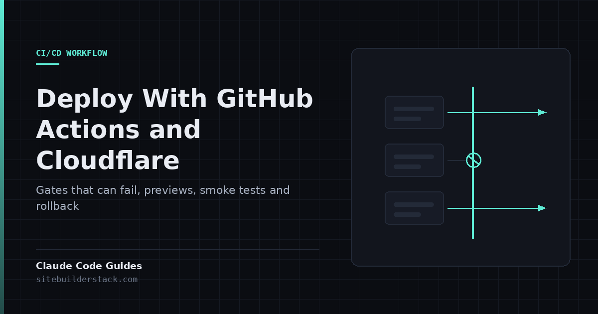 Claude Code Guides: Deploy With GitHub Actions and Cloudflare. Three stacked job cards on the left connected by lines to a vertical gate; two connections are stopped at the gate by a crossed circle and one passes straight through.