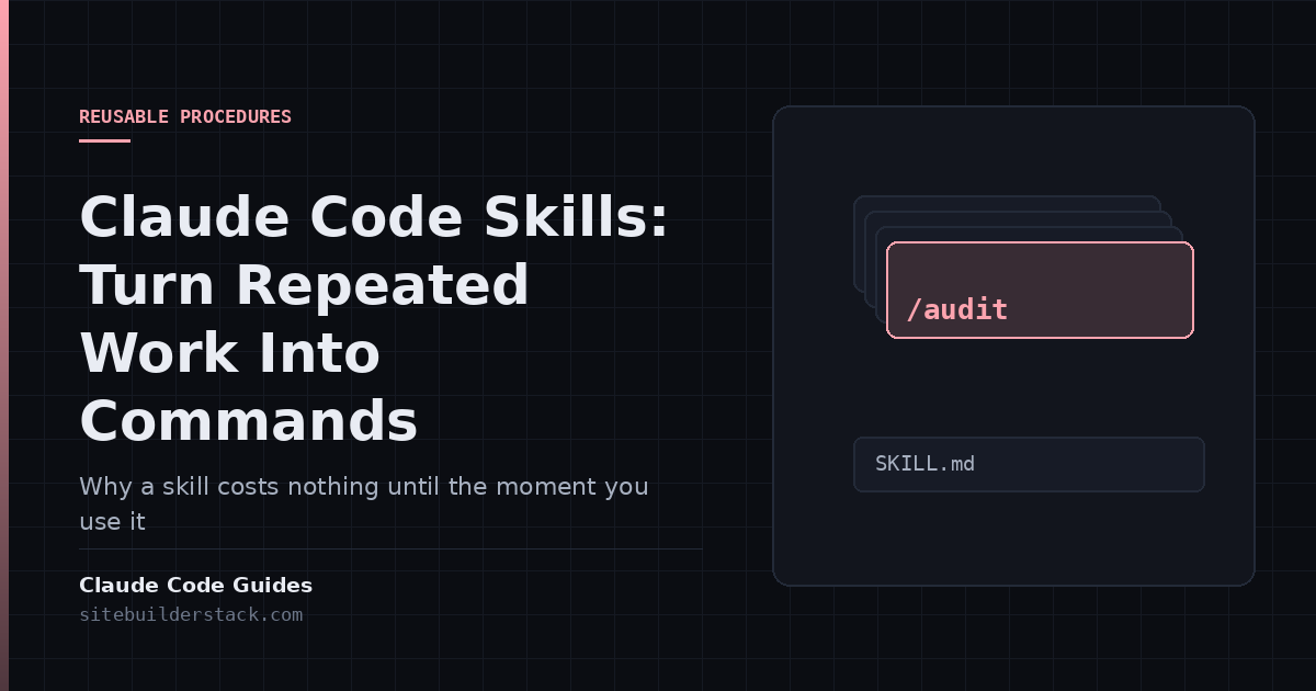 Claude Code Guides: Claude Code Skills. A stack of command cards above a SKILL.md file.