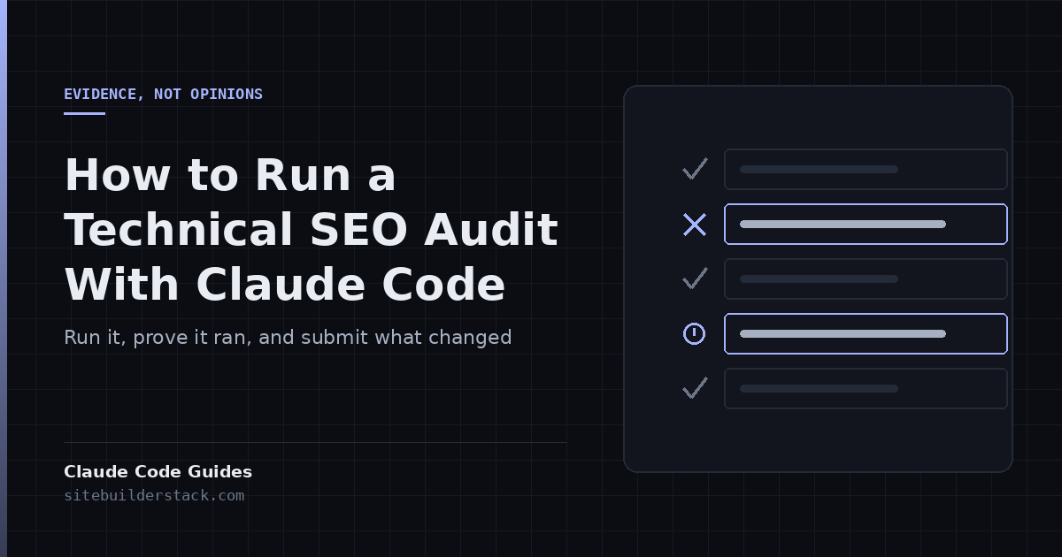 Claude Code Guides: How to Run a Technical SEO Audit With Claude Code. A column of checks where one has failed and one is unresolved.