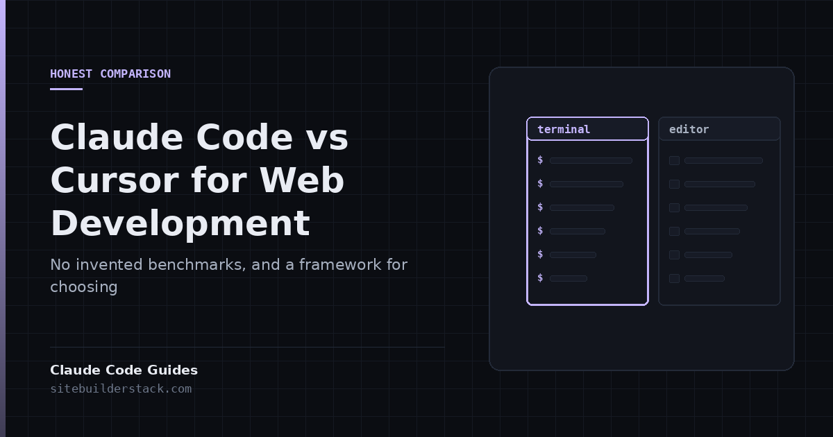 Claude Code Guides: Claude Code vs Cursor for Web Development. Two side-by-side panes, one headed 'terminal' with command prompts and highlighted, one headed 'editor' with lines of code.