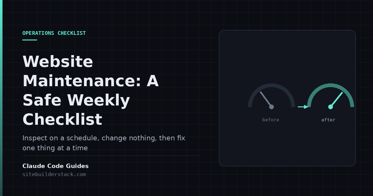 Claude Code Guides: Website Maintenance. A weekly checklist with an evidence column.