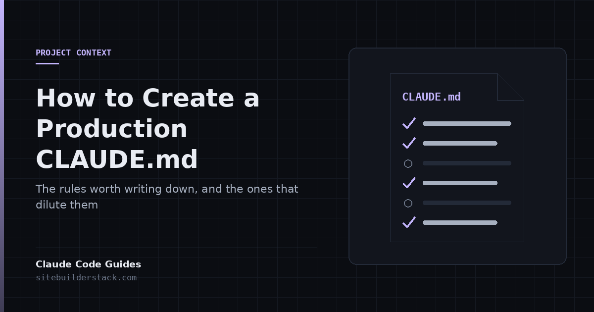 Claude Code Guides: How to Create a Production CLAUDE.md. A document titled CLAUDE.md with a checklist of rules.