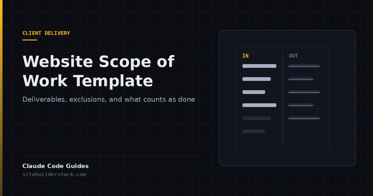 Claude Code Guides: Website Scope of Work Template. Two columns, deliverables on the left and struck-through exclusions on the right.